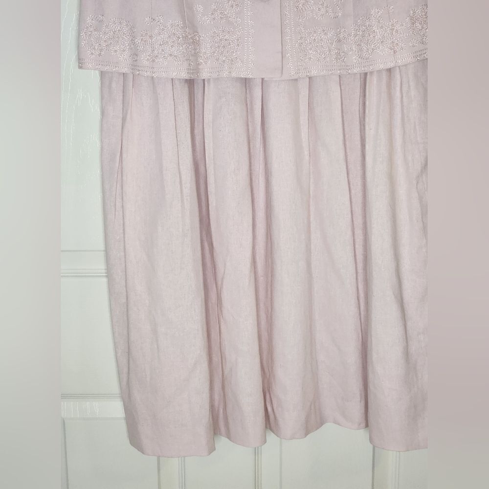 Vtg Karin Stevens 14 PastelPink LINENBlendFaux2Piece Women Midi Embroidery Dress - Picture 11 of 13